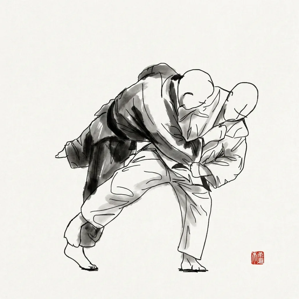 Ashi Guruma (Leg Wheel), sumi-e ink drawing of the judo throw