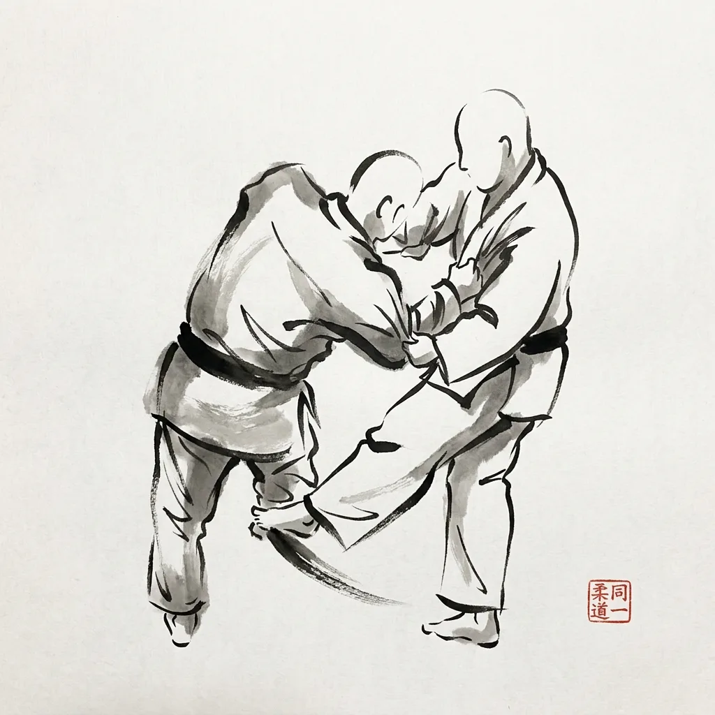 Deashi Harai (Advancing Foot Sweep), sumi-e ink drawing of the judo throw