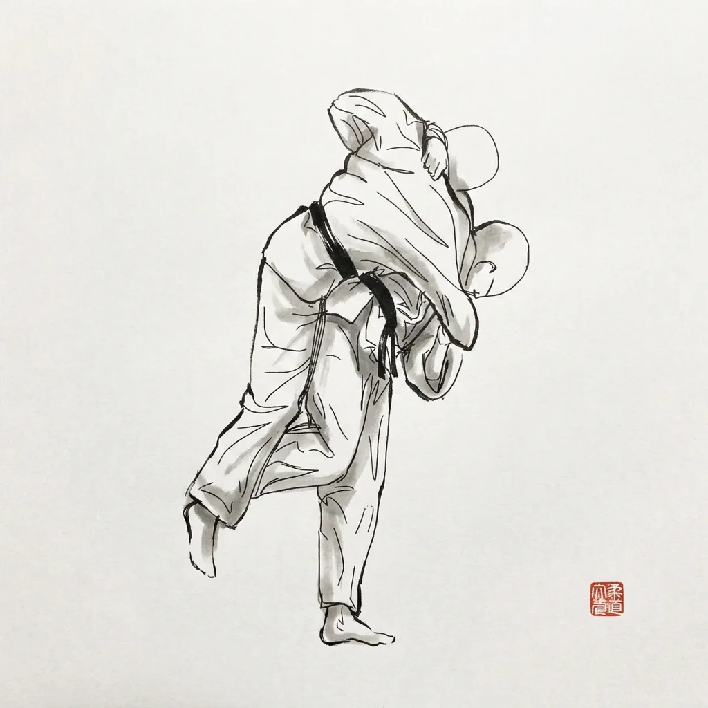 Hane Goshi (Spring Hip), sumi-e ink drawing of the judo throw