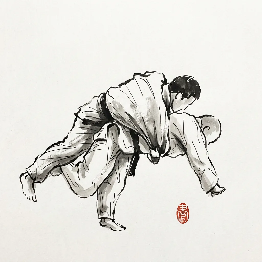 Hane Makikomi (Springing Wraparound), sumi-e ink drawing of the judo throw