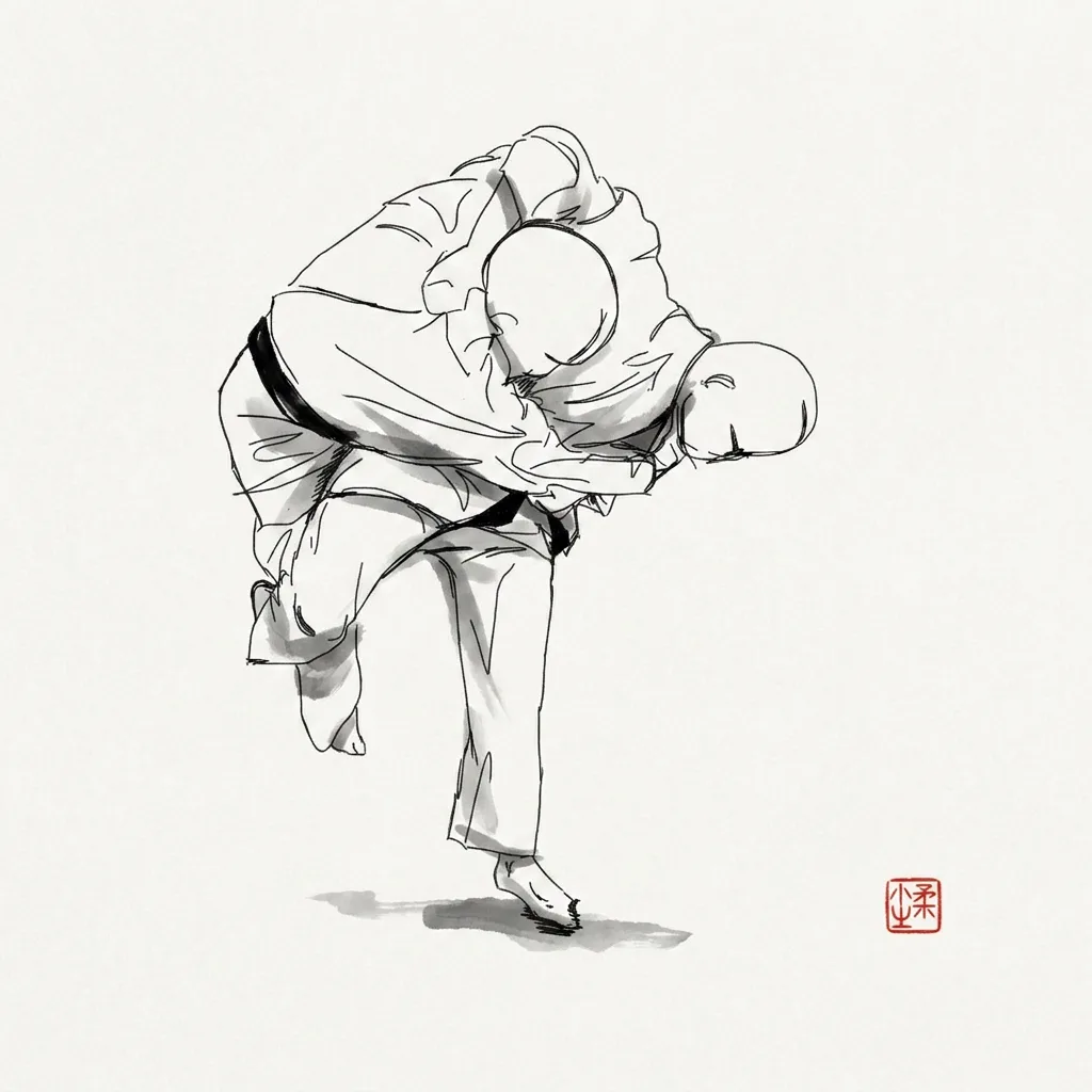 Harai Goshi (Sweeping Hip), sumi-e ink drawing of the judo throw