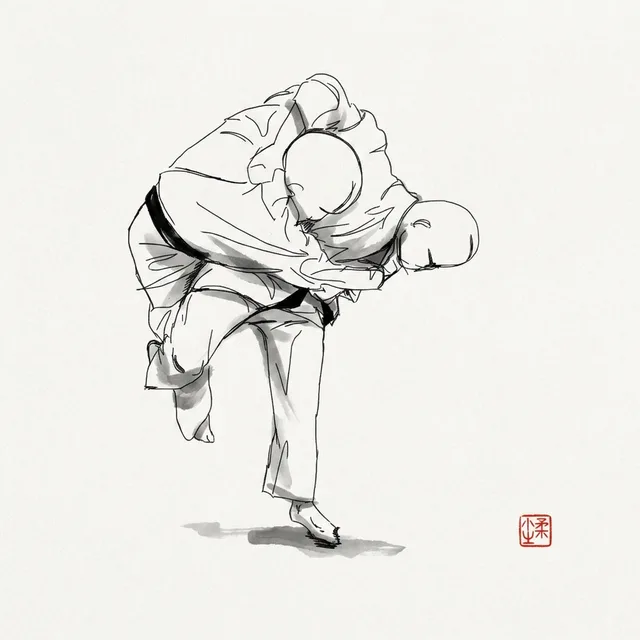 Harai Goshi (Sweeping Hip), sumi-e ink drawing of the judo throw