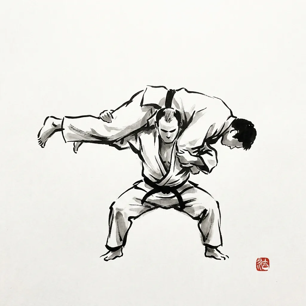 Kata Guruma (Shoulder Wheel), sumi-e ink drawing of the judo throw
