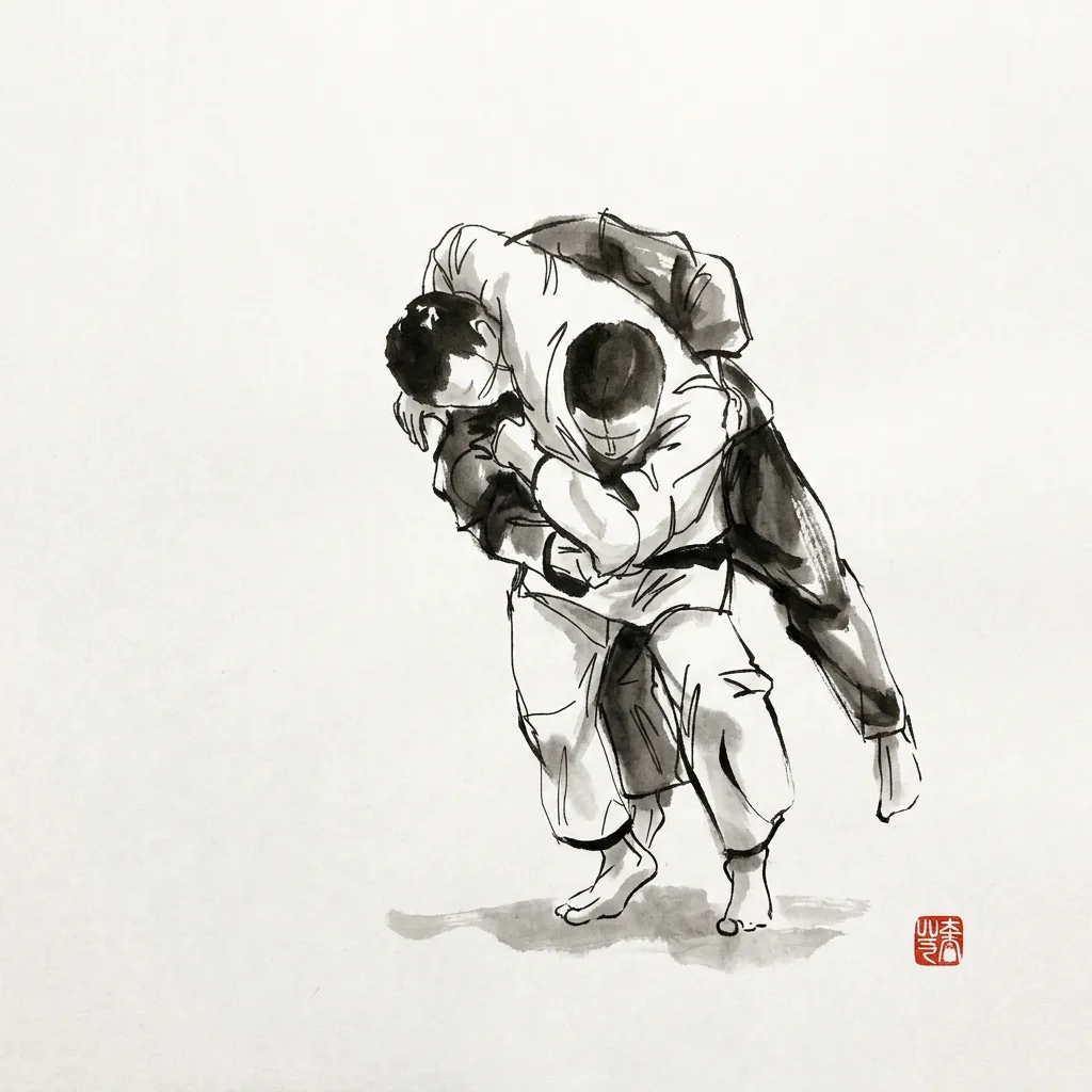Koshi Guruma (Hip Wheel), sumi-e ink drawing of the judo throw