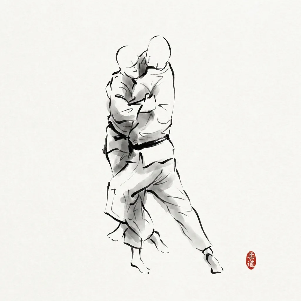 Kosoto Gake (Minor Outer Hook), sumi-e ink drawing of the judo throw