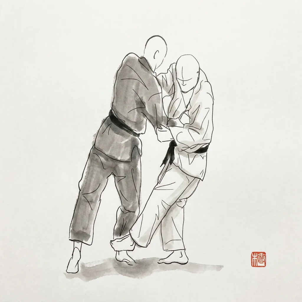 Kosoto Gari (Minor Outer Reap), sumi-e ink drawing of the judo throw
