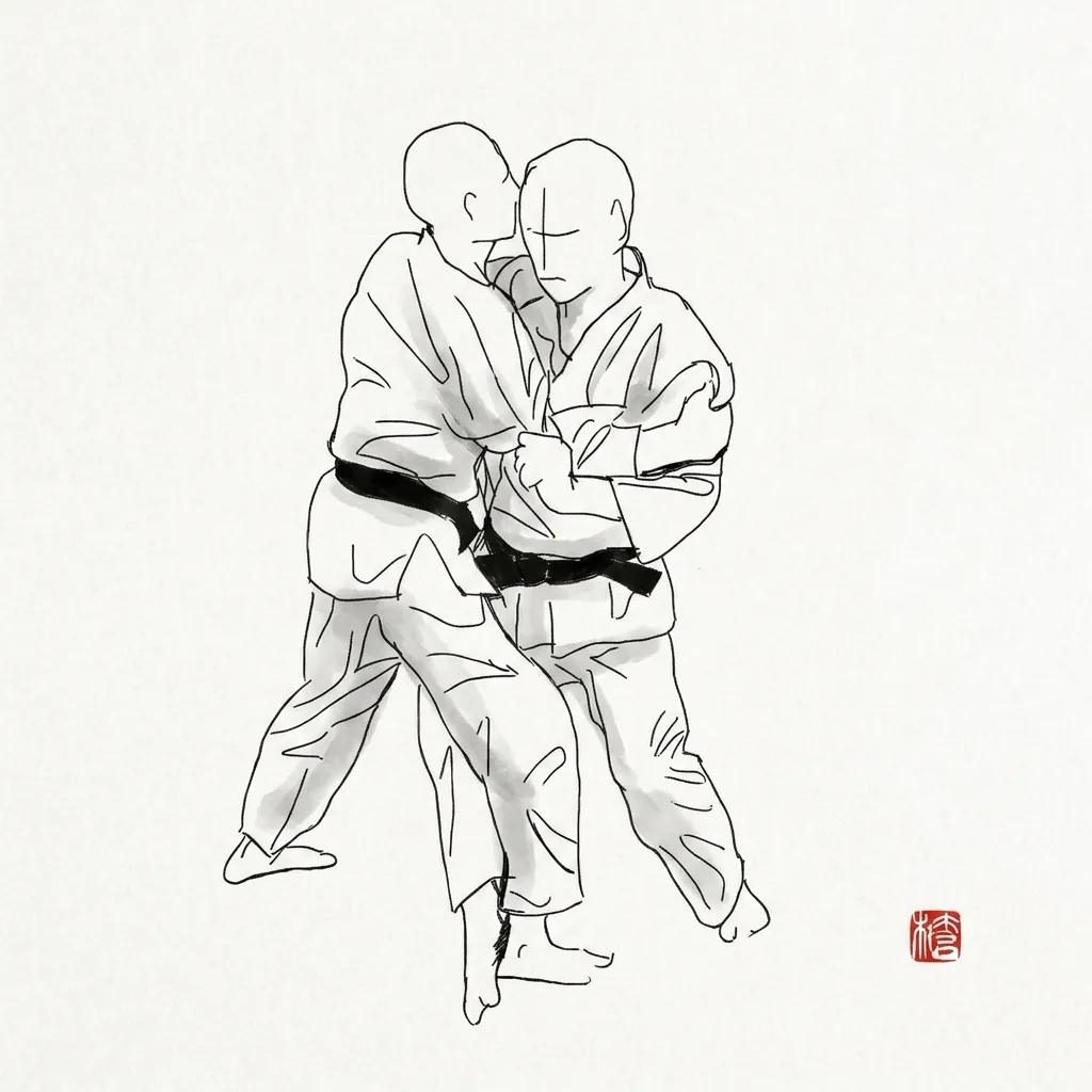 Kouchi Gari (Minor Inner Reap), sumi-e ink drawing of the judo throw
