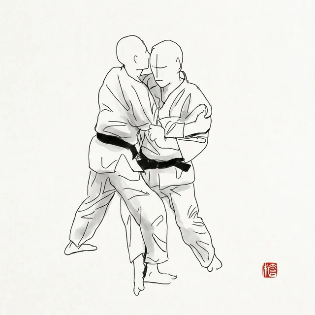 Kouchi Gari (Minor Inner Reap), sumi-e ink drawing of the judo throw