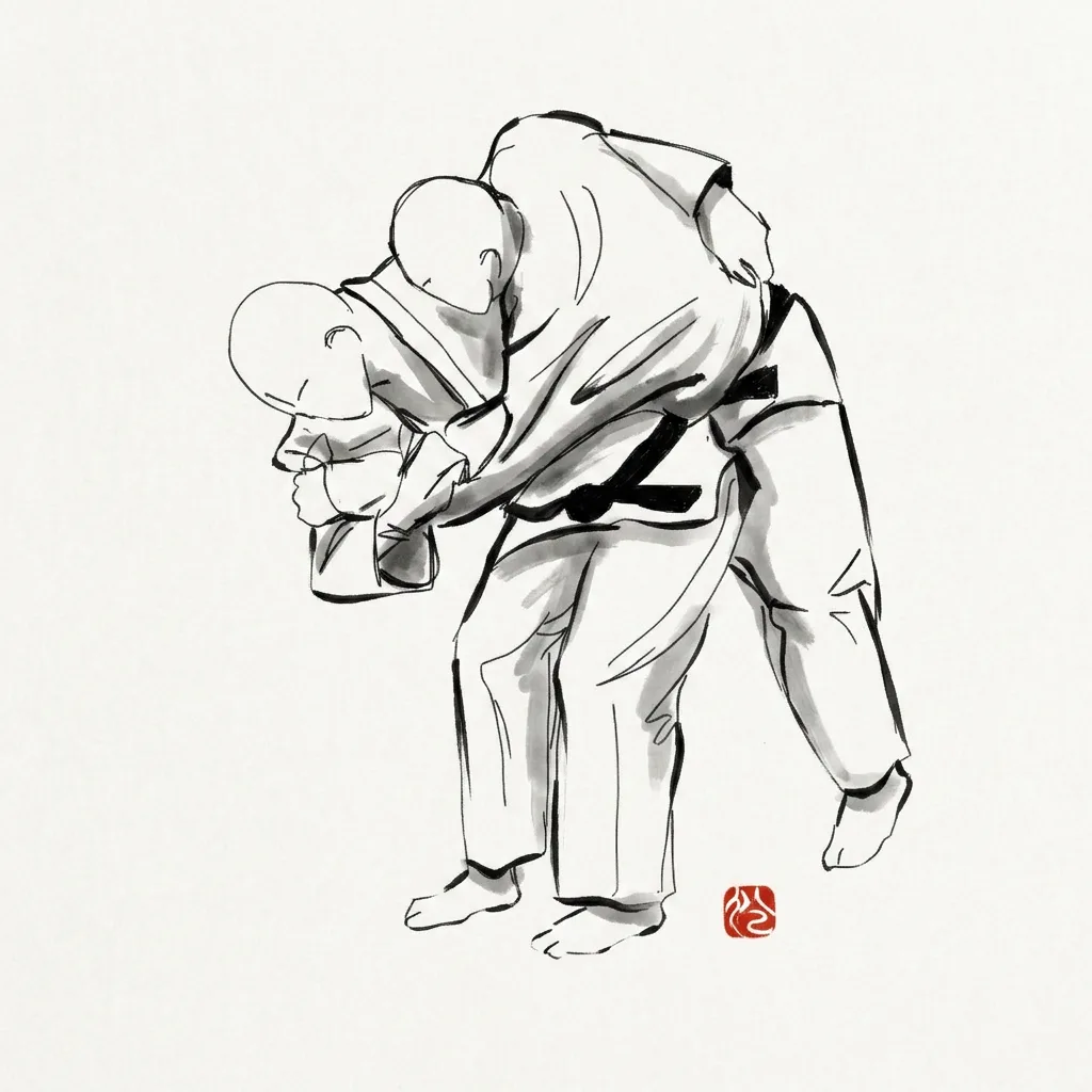 O Goshi (Major Hip Throw), sumi-e ink drawing of the judo throw