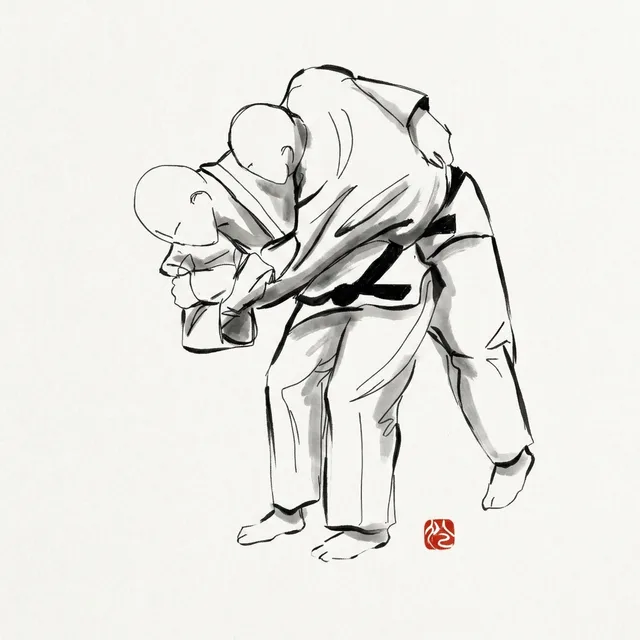 O Goshi (Major Hip Throw), sumi-e ink drawing of the judo throw