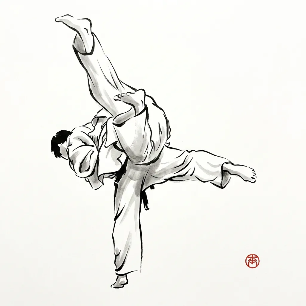 O Guruma (Major Wheel), sumi-e ink drawing of the judo throw