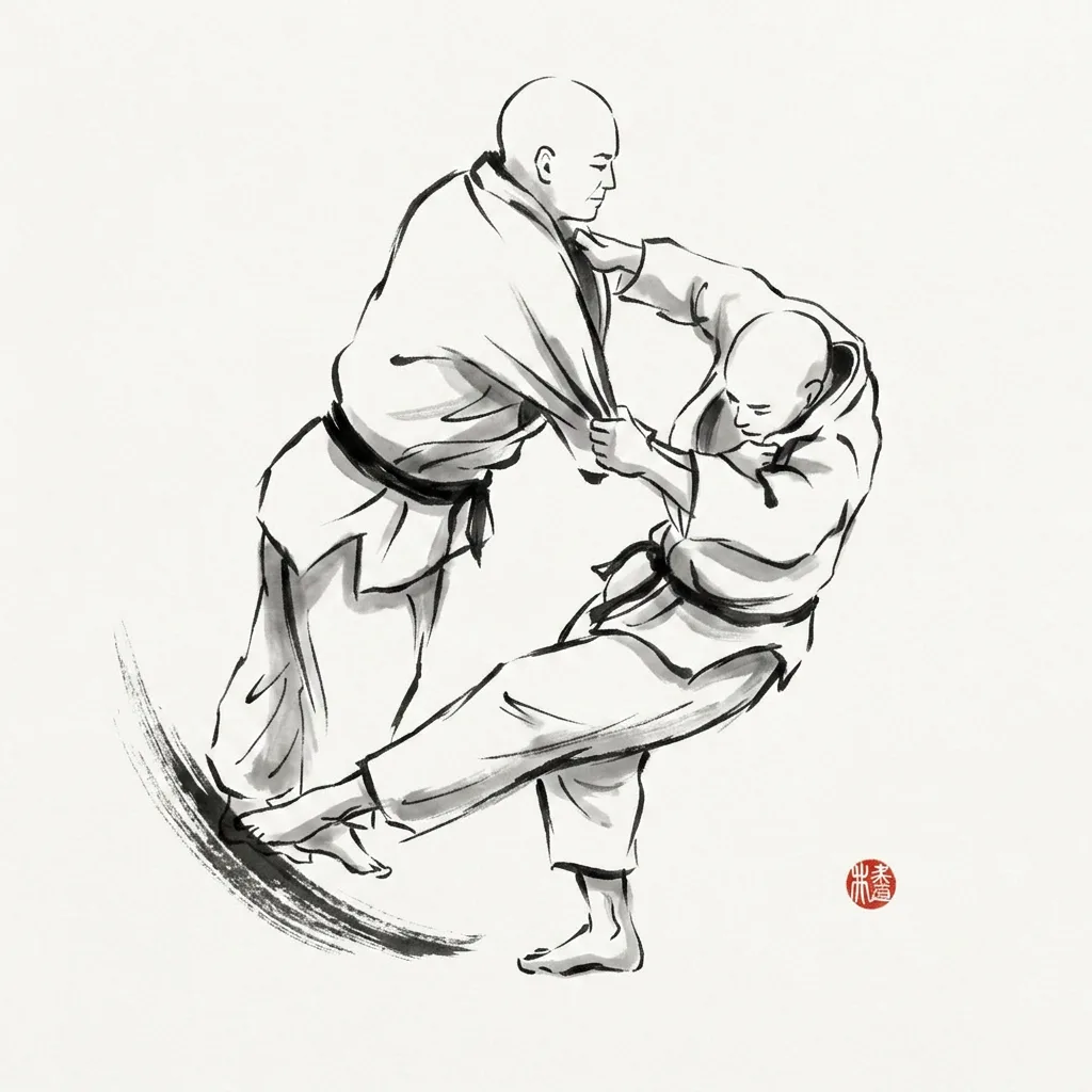 Okuri Ashi Harai (Sliding Foot Sweep), sumi-e ink drawing of the judo throw