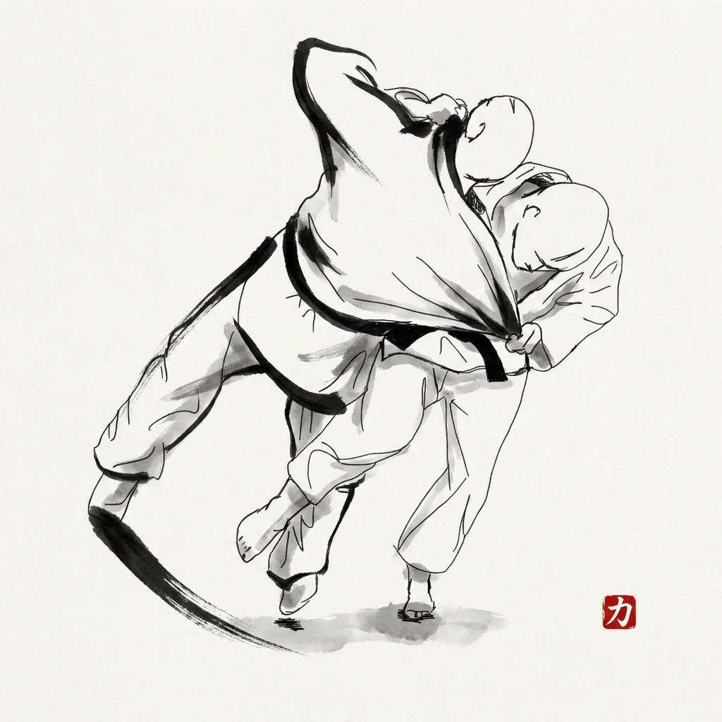 Osoto Gari (Major Outer Reap), sumi-e ink drawing of the judo throw