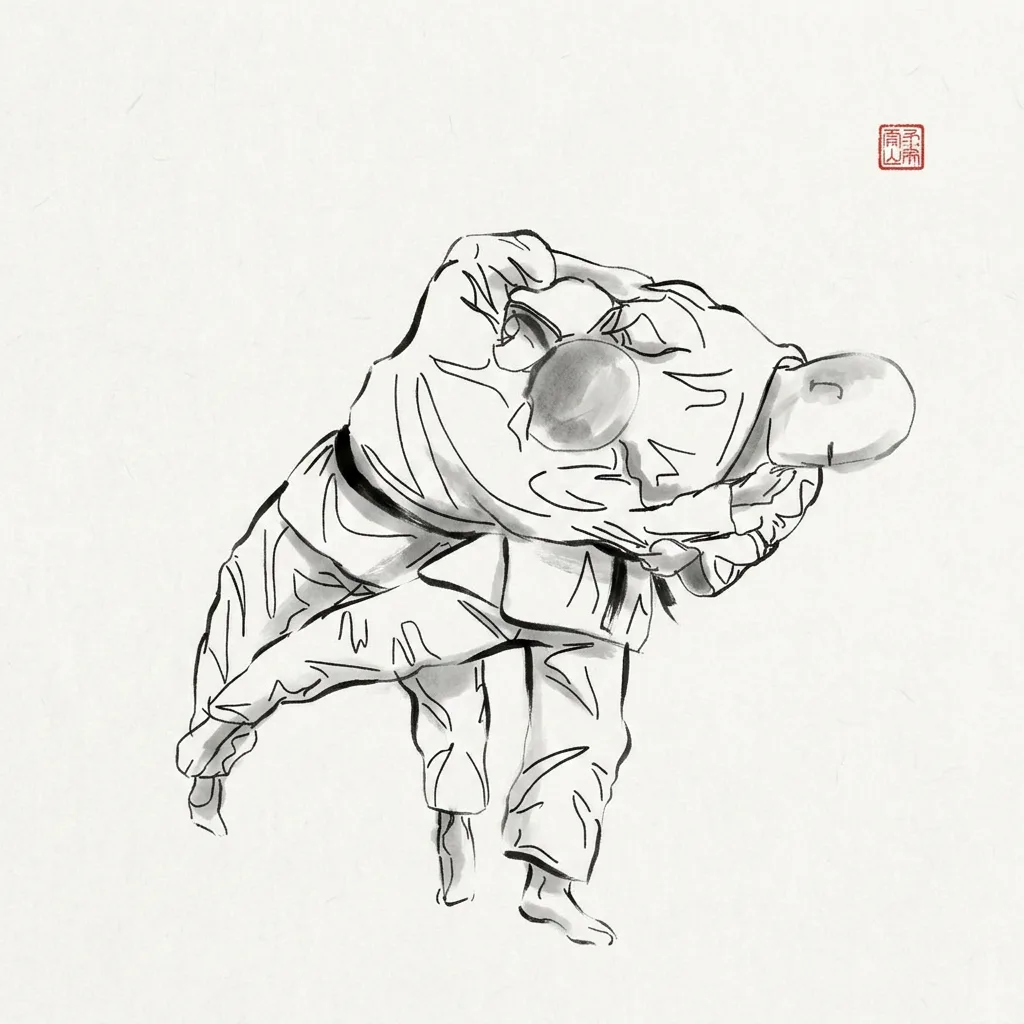 Osoto Guruma (Major Outer Wheel), sumi-e ink drawing of the judo throw