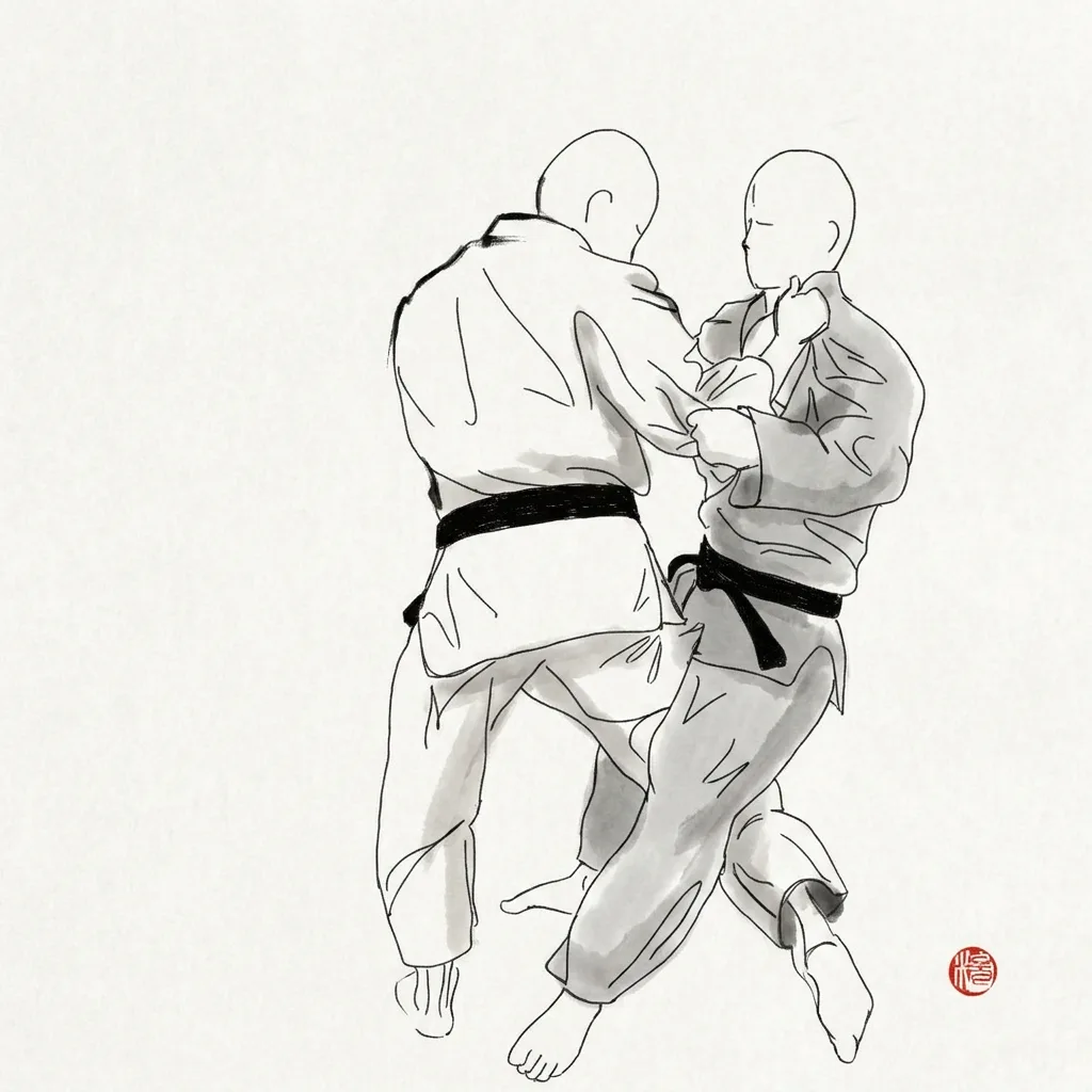 Ouchi Gari (Major Inner Reap), sumi-e ink drawing of the judo throw