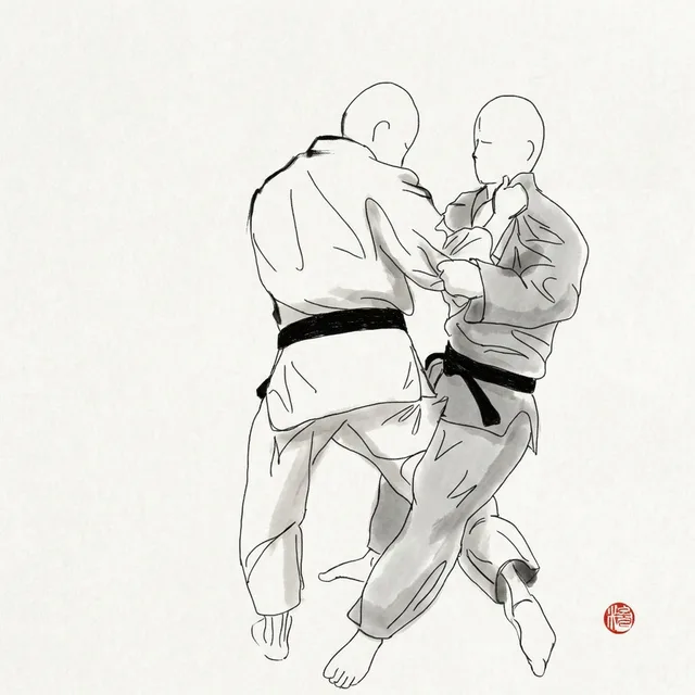 Ouchi Gari (Major Inner Reap), sumi-e ink drawing of the judo throw