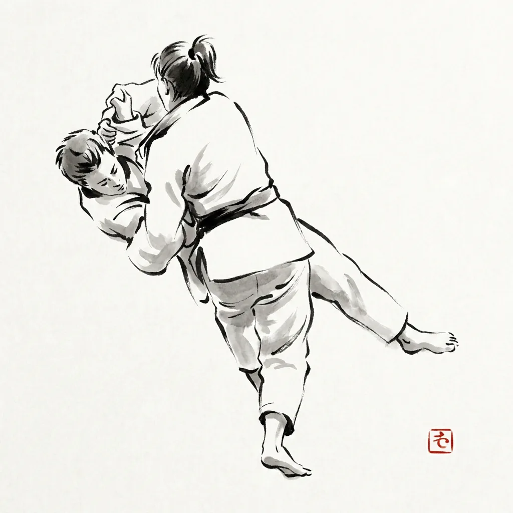 Sasae Tsurikomi Ashi (Propping Drawing Ankle), sumi-e ink drawing of the judo throw