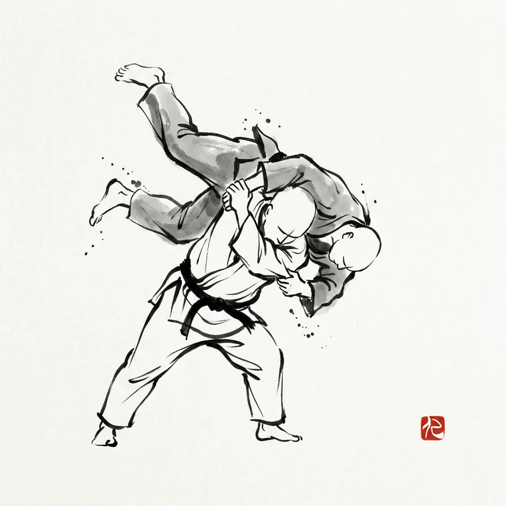 Seoi Nage (Shoulder Throw), sumi-e ink drawing of the judo throw
