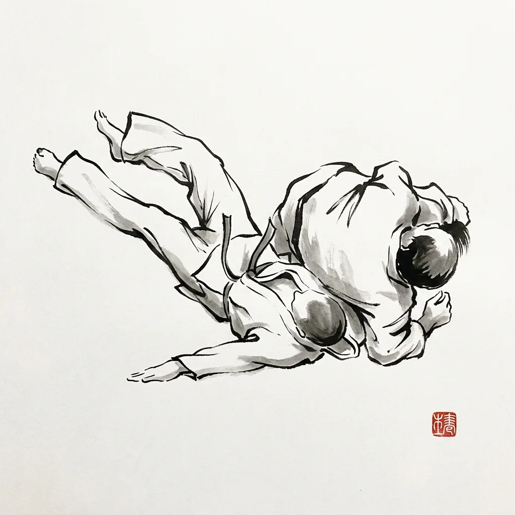 Soto Makikomi (Outer Wraparound), sumi-e ink drawing of the judo throw