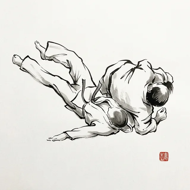 Soto Makikomi (Outer Wraparound), sumi-e ink drawing of the judo throw