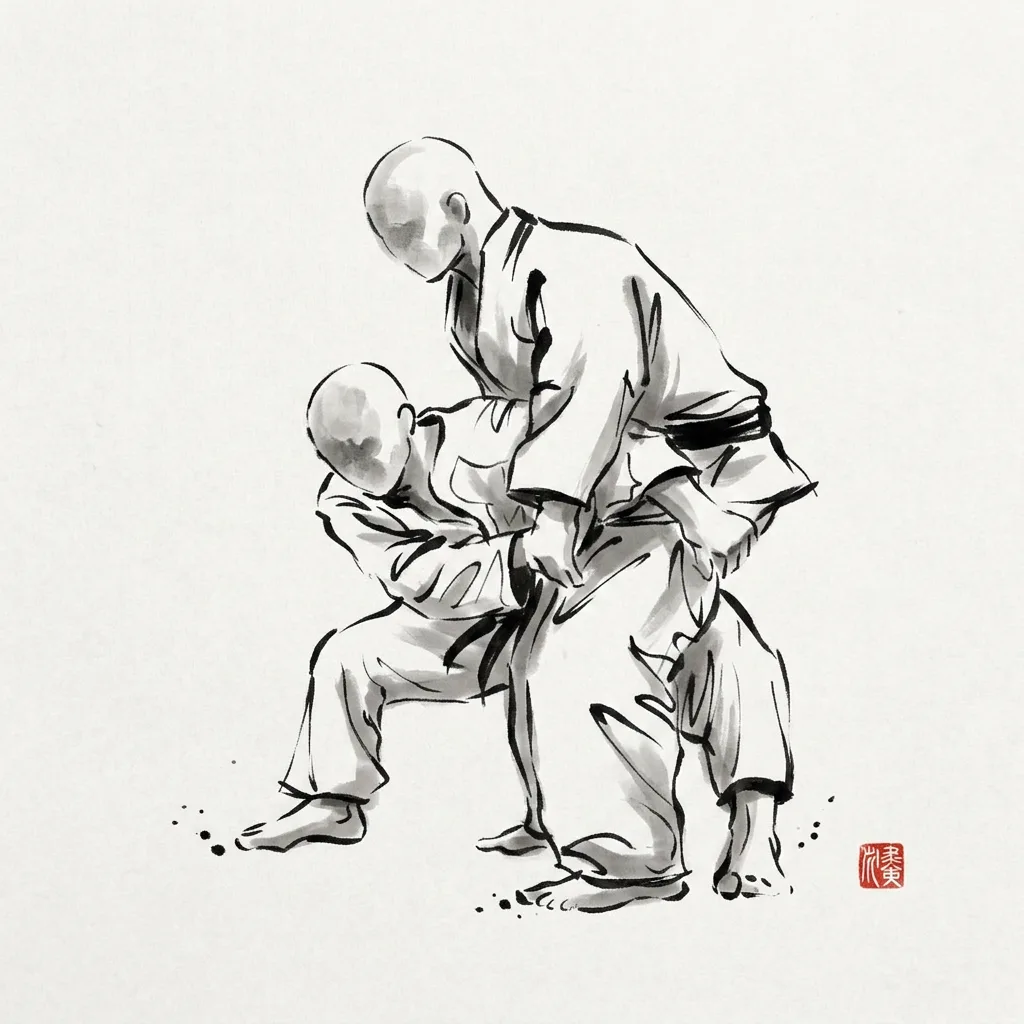Sukui Nage (Scooping Throw), sumi-e ink drawing of the judo throw