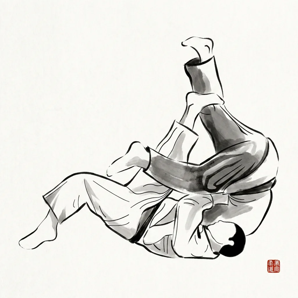Sumi Gaeshi (Corner Reversal), sumi-e ink drawing of the judo throw