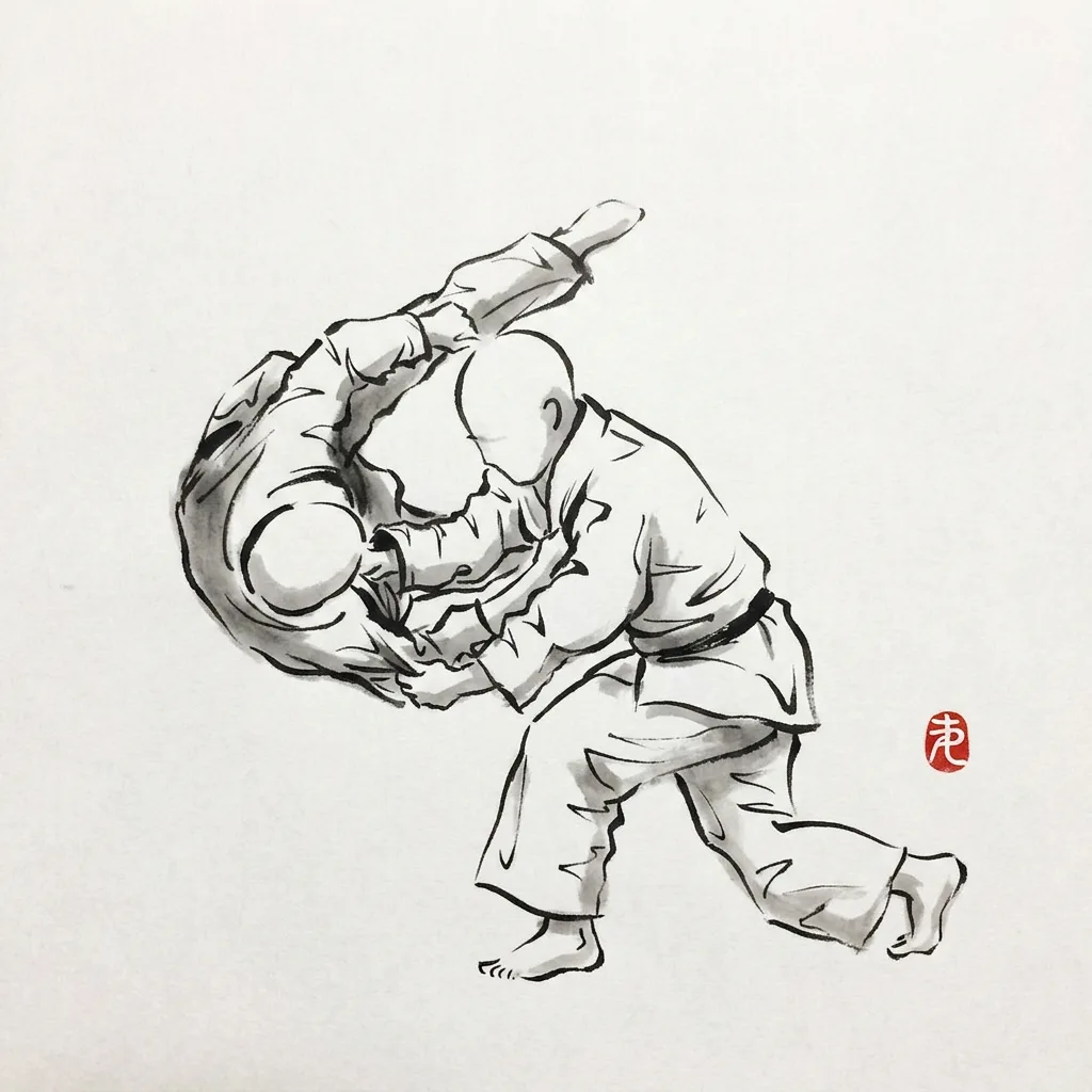 Sumi Otoshi (Corner Drop), sumi-e ink drawing of the judo throw