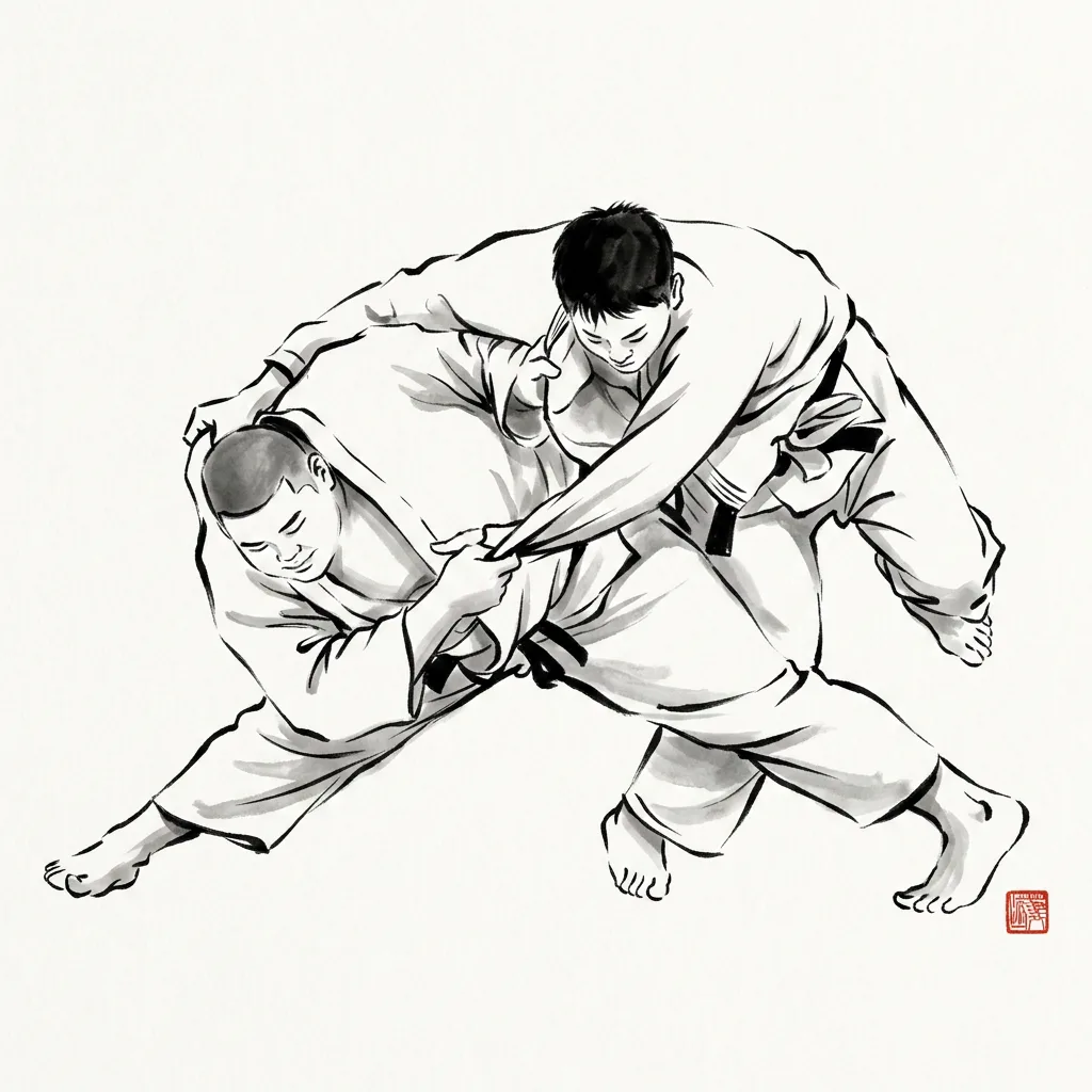 Tai Otoshi (Body Drop), sumi-e ink drawing of the judo throw