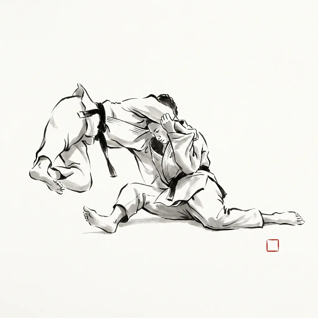 Tani Otoshi (Valley Drop), sumi-e ink drawing of the judo throw