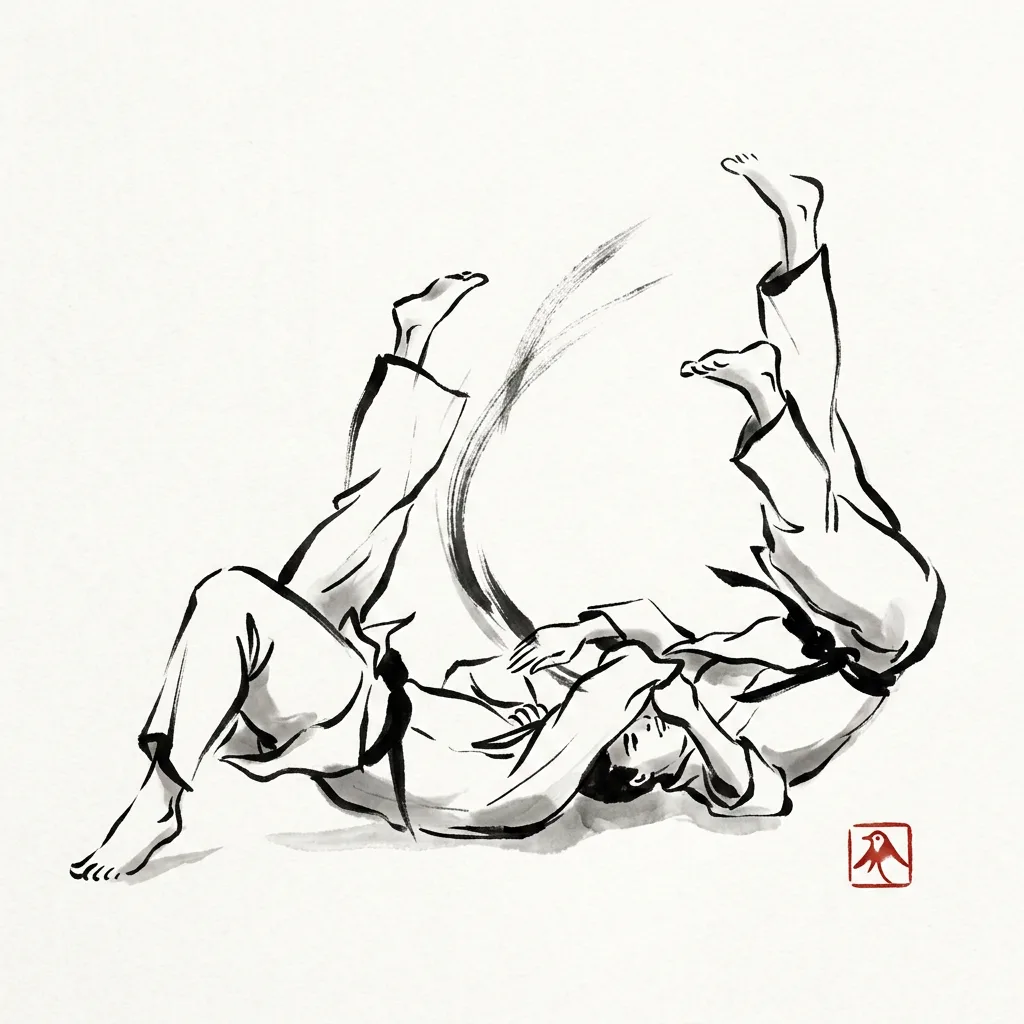 Tomoe Nage (Circle Throw), sumi-e ink drawing of the judo throw