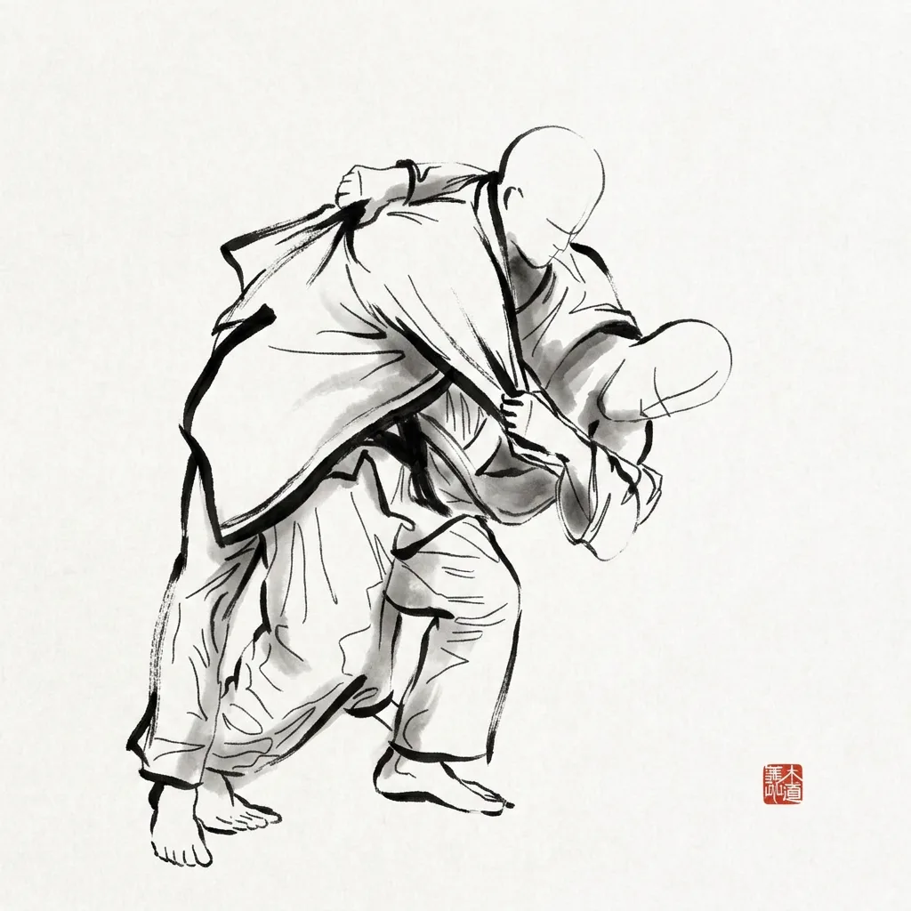 Tsuri Goshi (Lifting Hip), sumi-e ink drawing of the judo throw