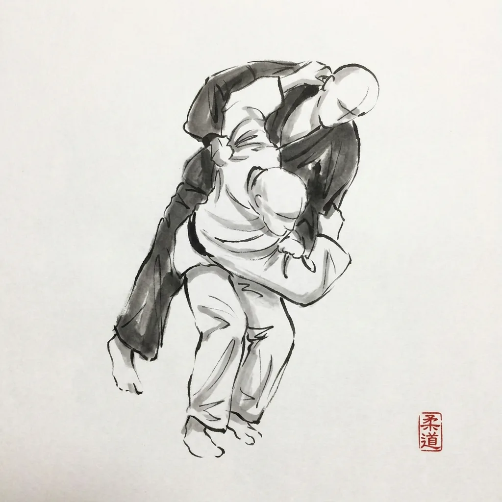 Tsurikomi Goshi (Lifting-Pulling Hip), sumi-e ink drawing of the judo throw