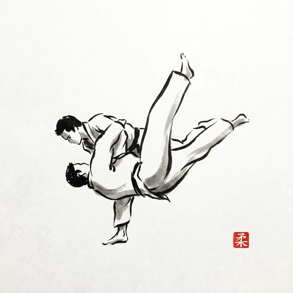 Uchi Mata (Inner Thigh Throw), sumi-e ink drawing of the judo throw