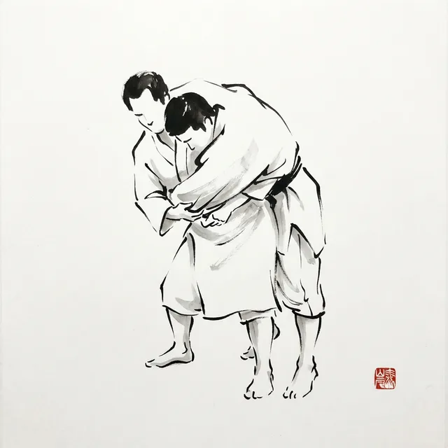 Uki Goshi (Floating Hip), sumi-e ink drawing of the judo throw