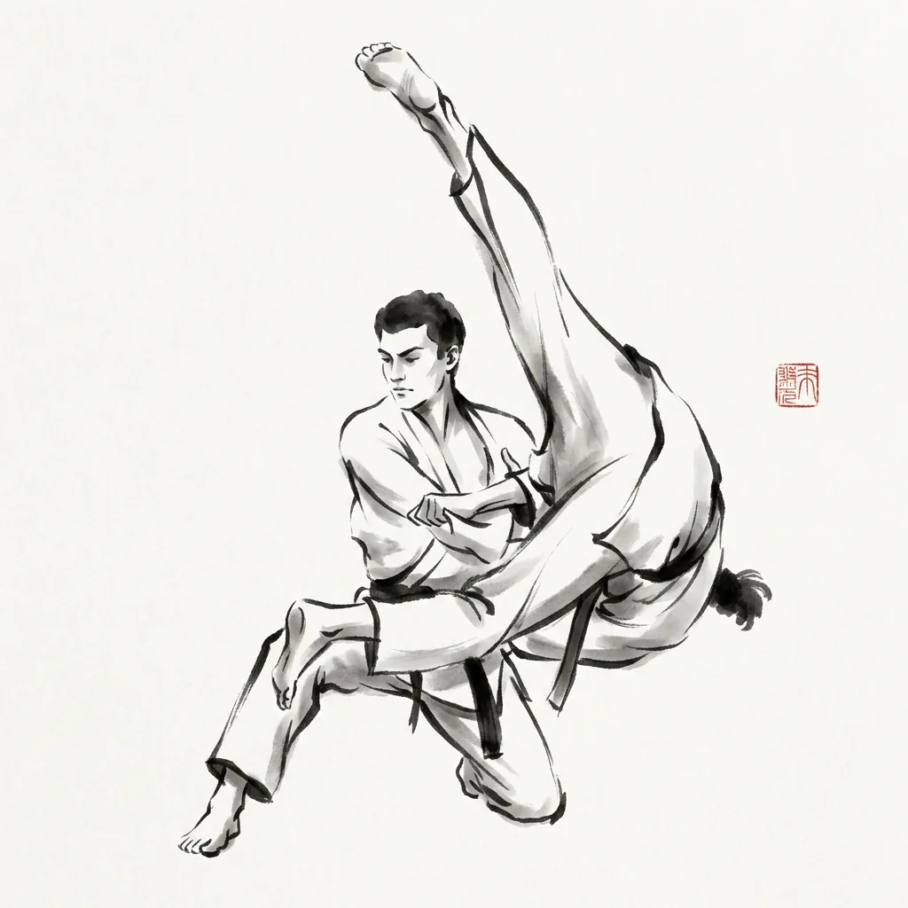 Uki Otoshi (Floating Drop), sumi-e ink drawing of the judo throw