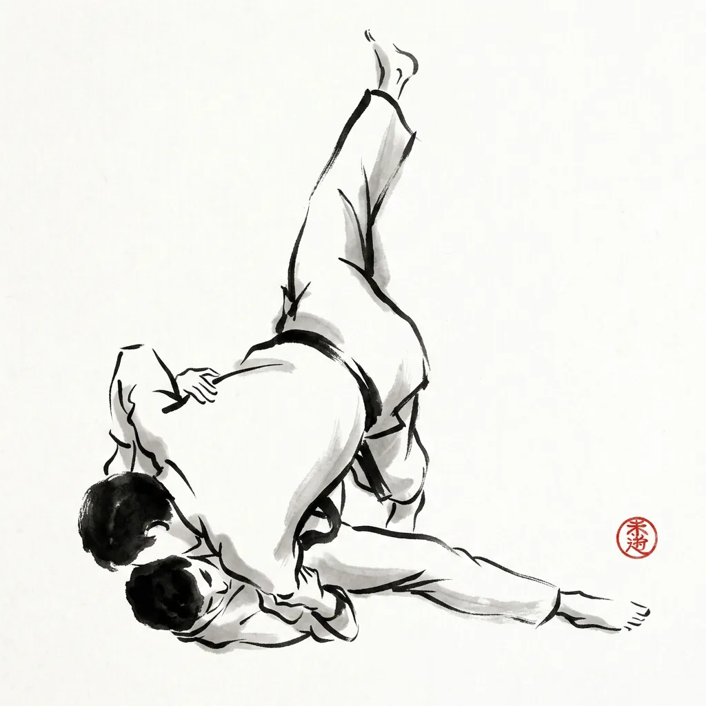 Uki Waza (Floating Technique), sumi-e ink drawing of the judo throw