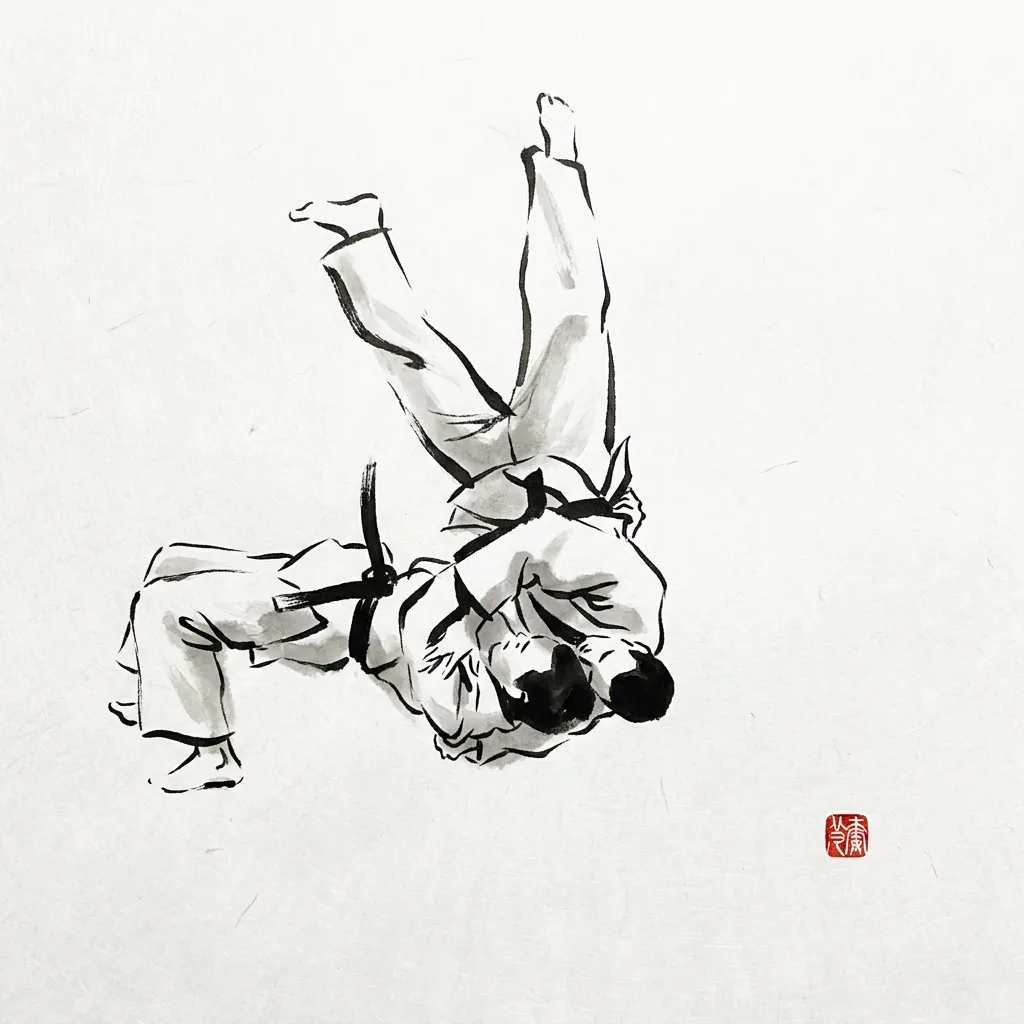 Ura Nage (Rear Throw), sumi-e ink drawing of the judo throw