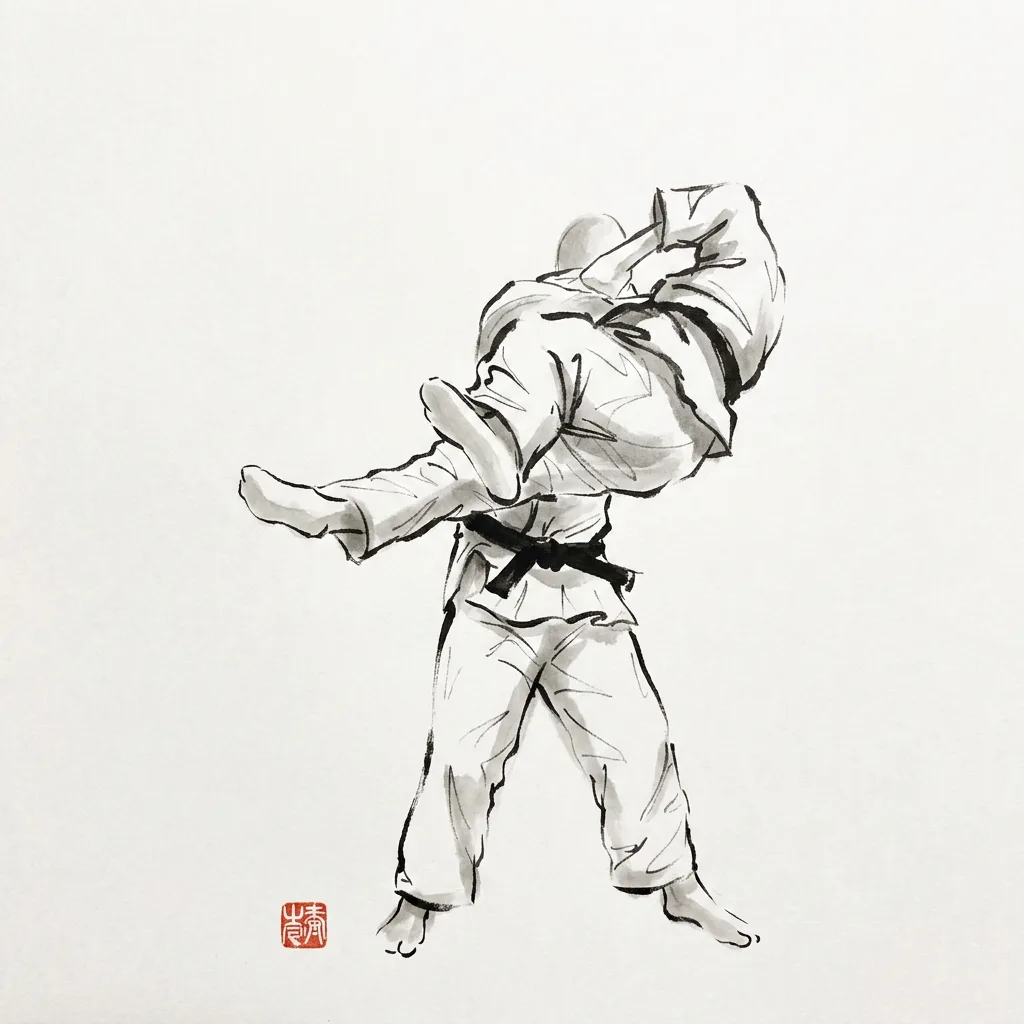 Ushiro Goshi (Rear Hip), sumi-e ink drawing of the judo throw