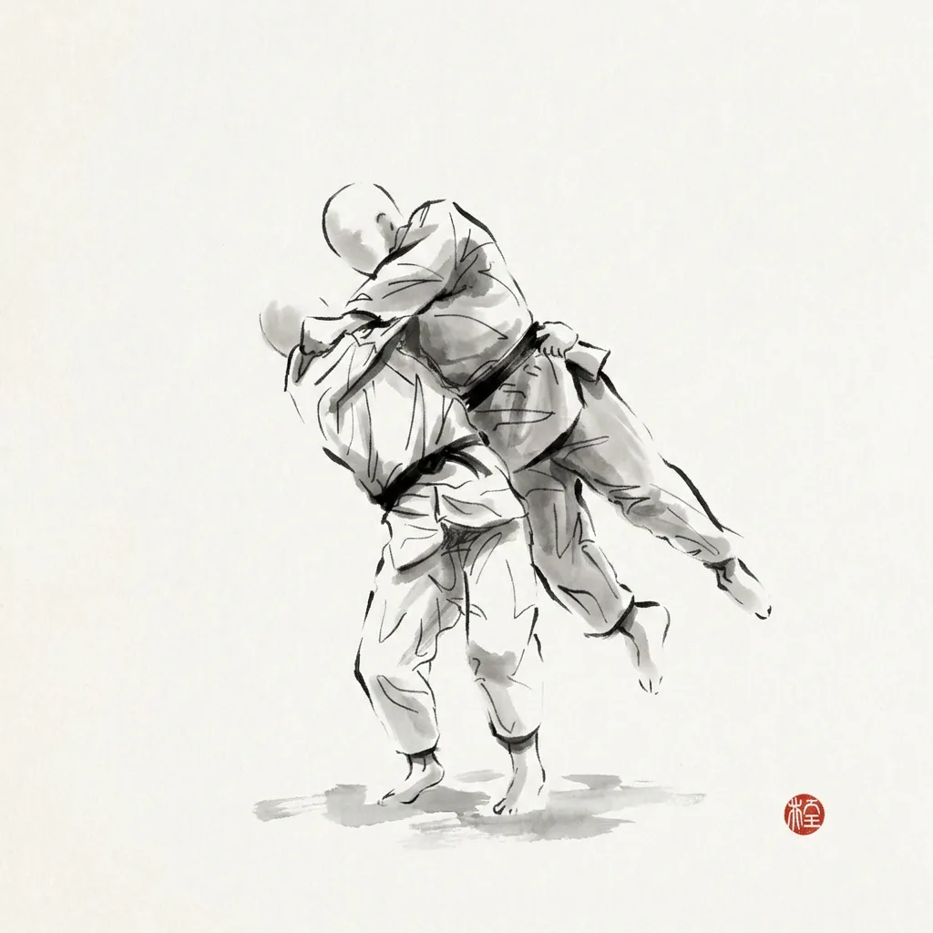 Utsuri Goshi (Shifting Hip), sumi-e ink drawing of the judo throw