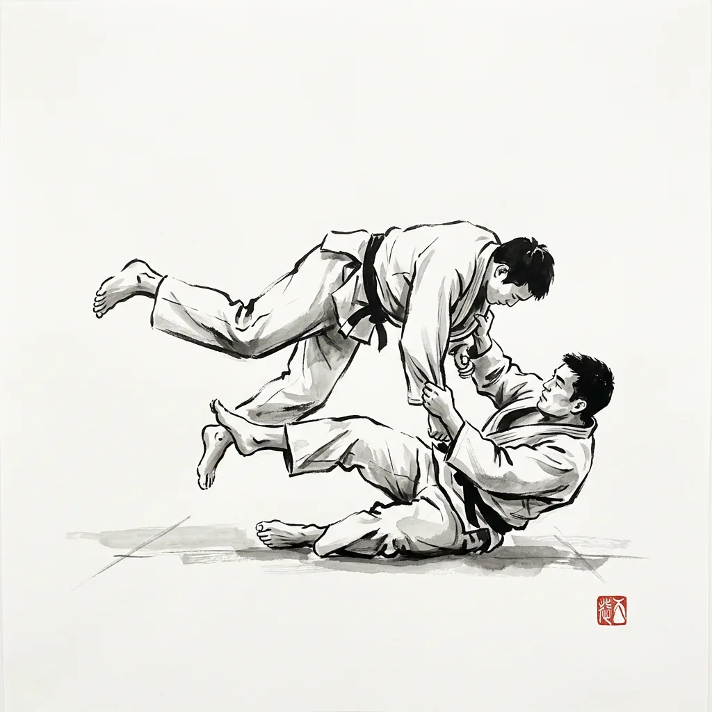 Yoko Gake (Side Prop), sumi-e ink drawing of the judo throw