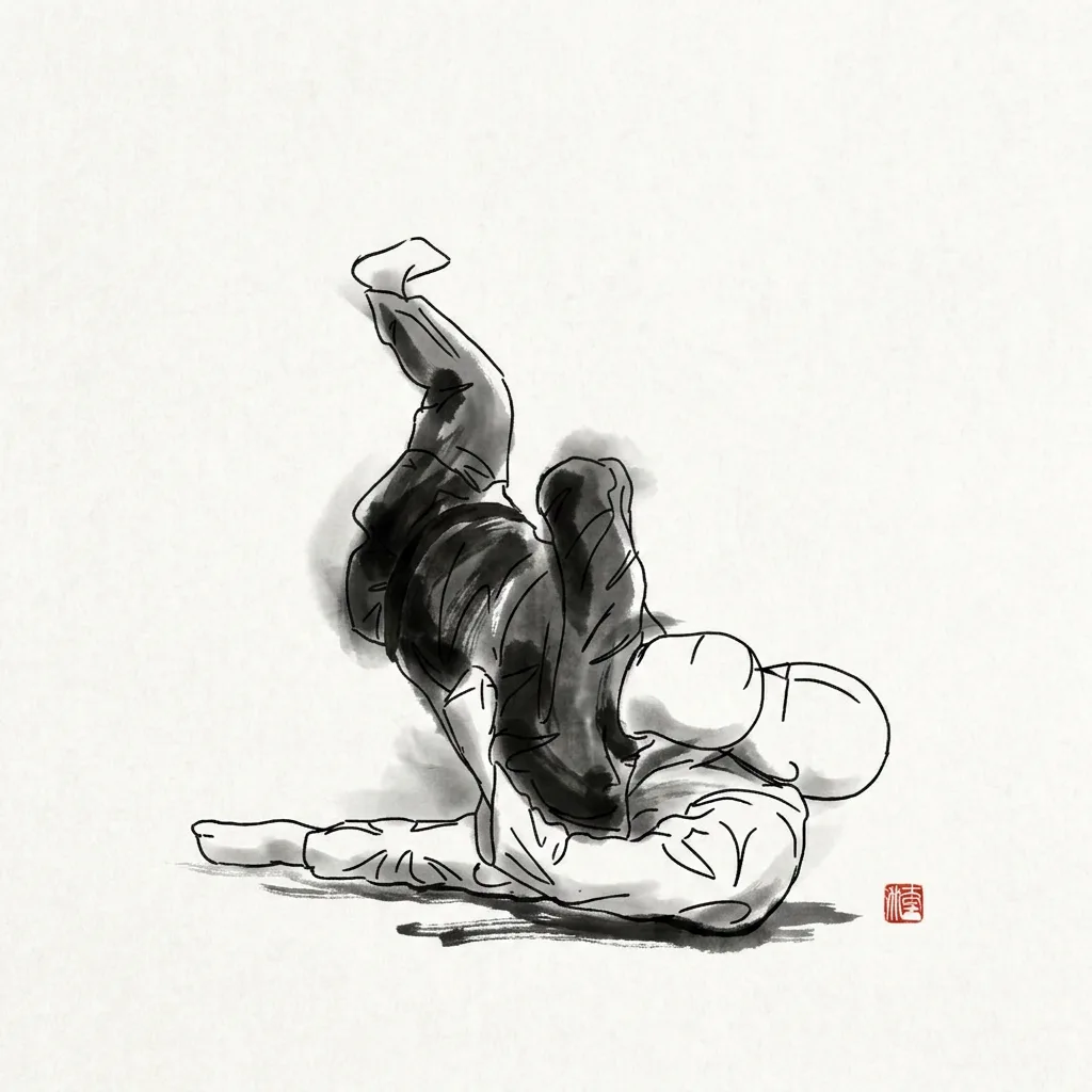 Yoko Guruma (Side Wheel), sumi-e ink drawing of the judo throw
