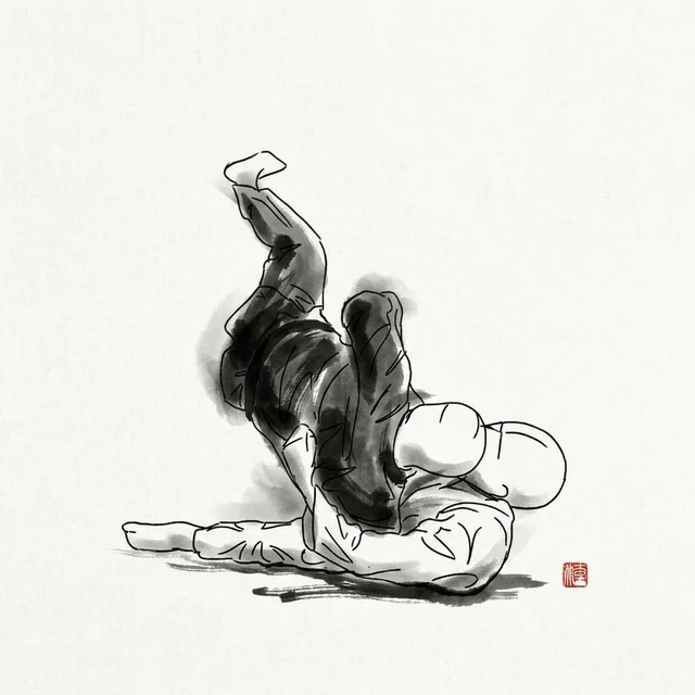Yoko Guruma (Side Wheel), sumi-e ink drawing of the judo throw