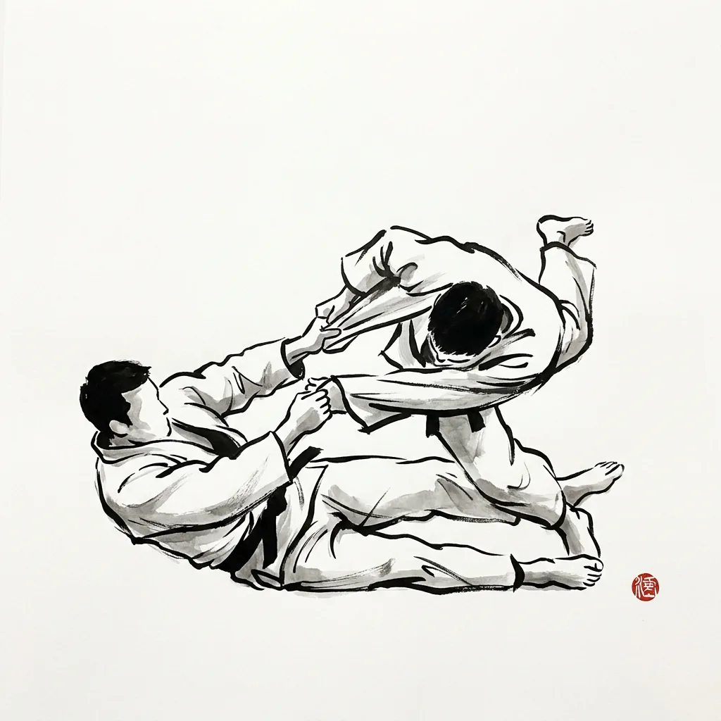 Yoko Otoshi (Side Drop), sumi-e ink drawing of the judo throw