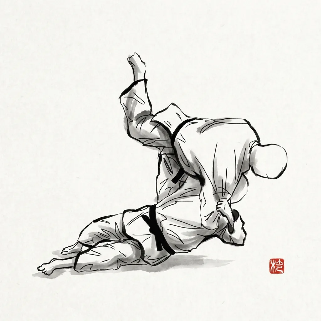 Yoko Wakare (Side Separation), sumi-e ink drawing of the judo throw